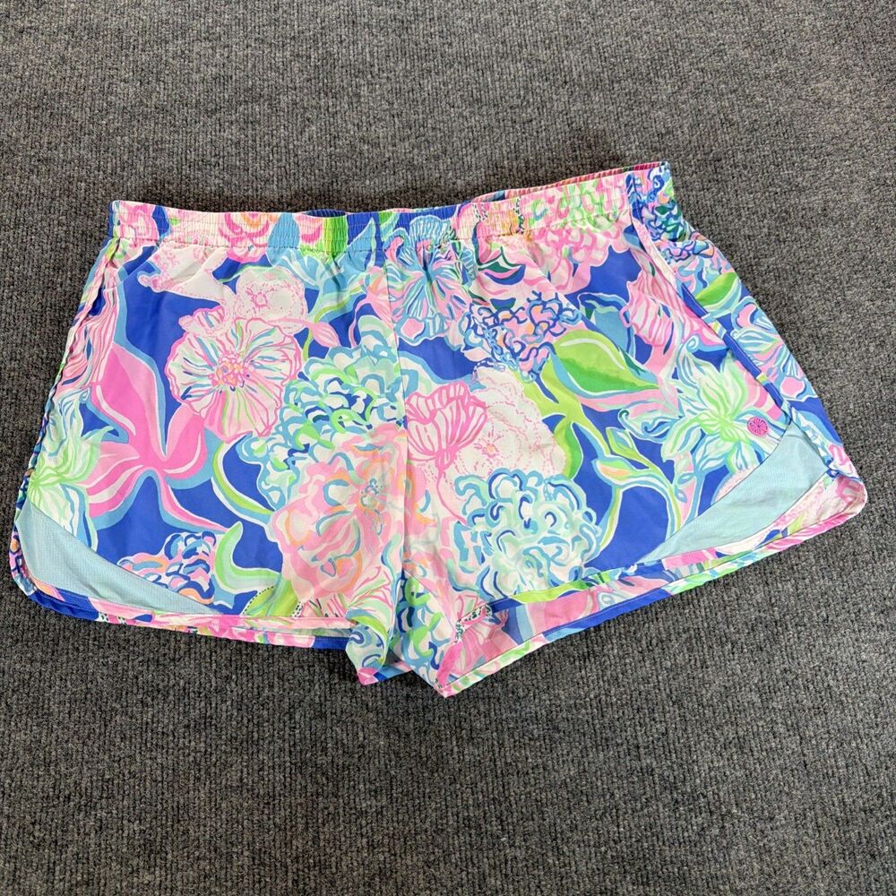 Lilly Pulitzer Luxletic Lined Ocean Trail Shorts Pink Blue Floral XL